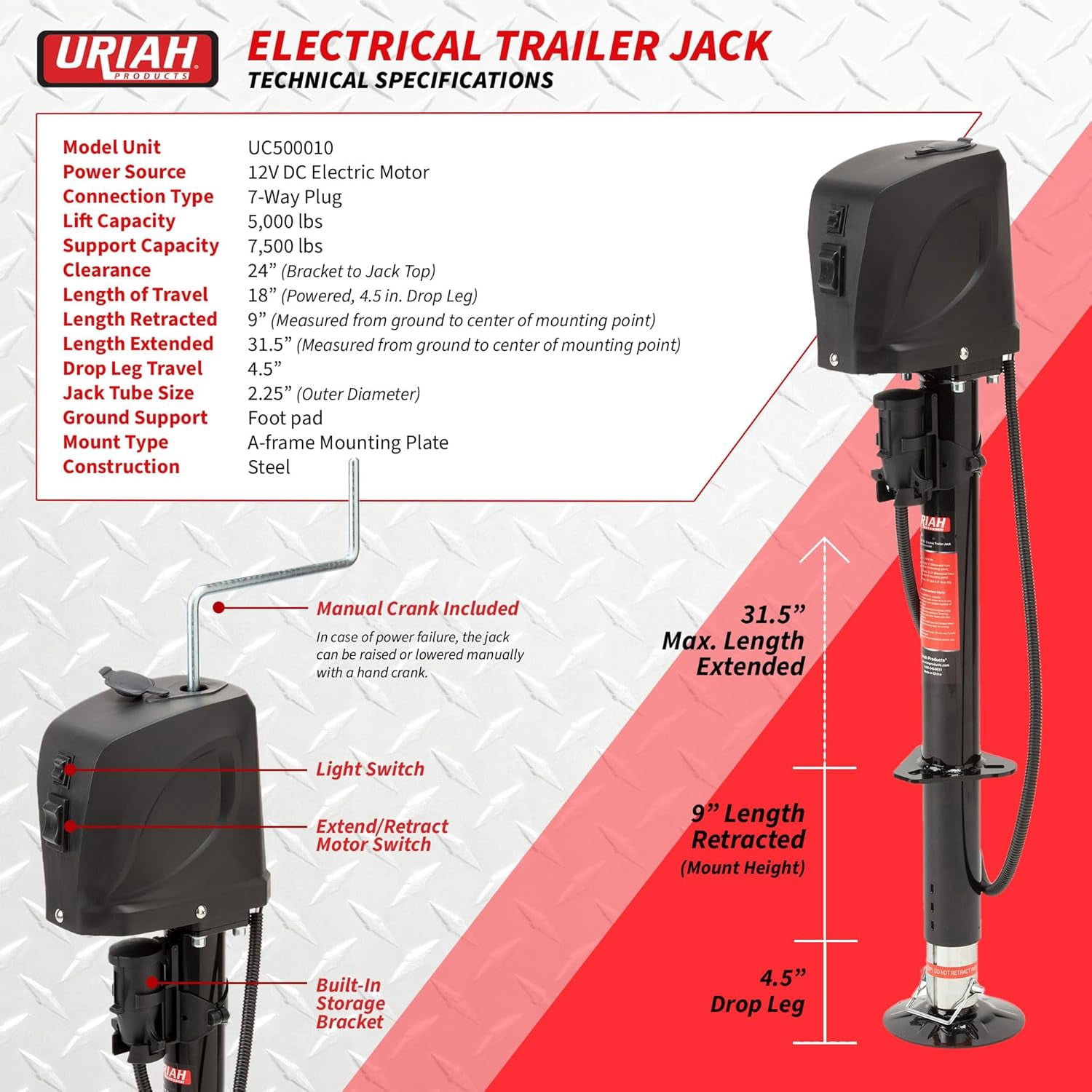 Uriah Products 12V Electric Trailer Jack, 5000 lbs Power Tongue Jack with 7-Way Plug for RV, Boat, and Utility Trailer