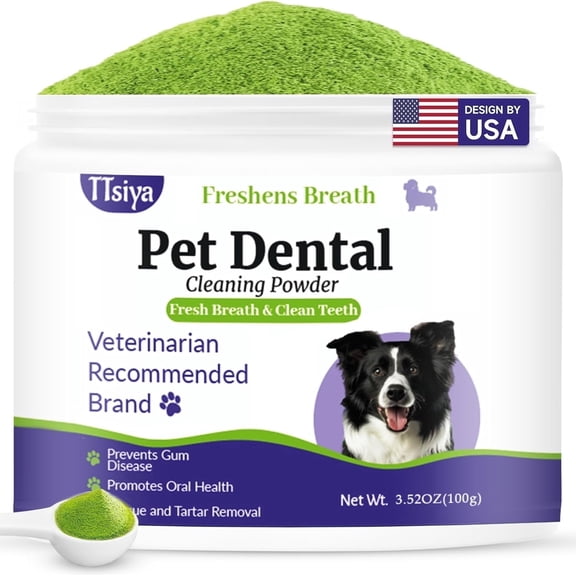 Dog teeth cleaning powder, pet teeth powder - teeth care, dog breathing freshener and probiotics for removing tartar and reducing dental plaque and bad breath. 100 grams for small, medium and large d