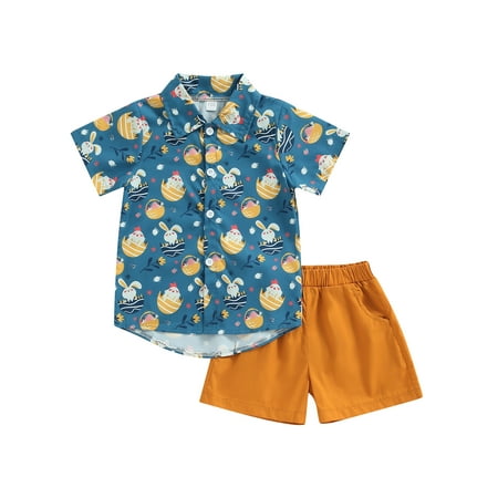 

Licupiee Toddler Baby Boy Easter Outfits Bunny Print Short Sleeve Button Down Shirt Top Solid Shorts Set Summer Clothes 2Pcs
