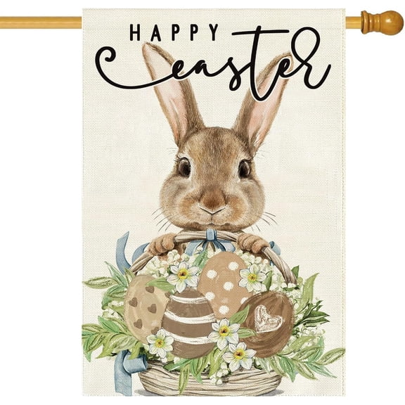 Easter House Flag Bunny Eggs Basket Laurel Floral Large Yard Flag 28 x 40 Inch Double Sided Burlap Welcome Easter House Flag for Outside Outdoor Porch Decor