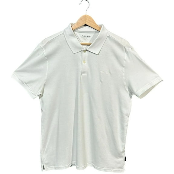 CALVIN KLEIN Solid Liquid Polo Shirt Size L Solid White Short Sleeve 100% Cotton