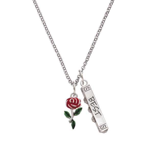 Delight Jewelry Silvertone Red Rose Flower Silvertone Best Friends Forever Bar Charm Necklace, 23"