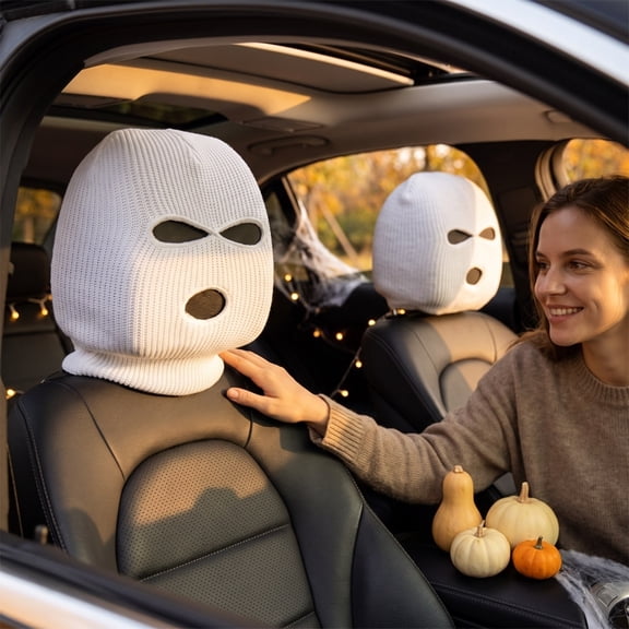 2 PCS Car Headrest Cover, Personalized Funny Car Seat Full Face Mask, Ski Mask Wrap Protection for Auto Front Seat Rest Decoration, Universal Interior Car Accessories (Whit