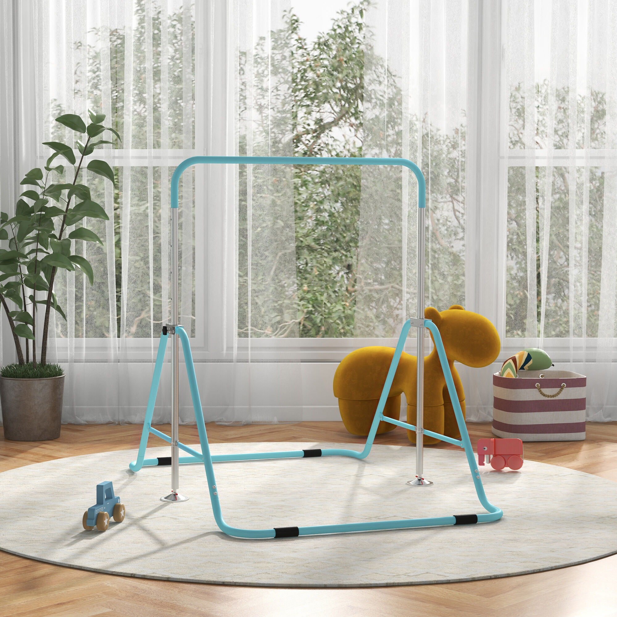 Qaba Folding Gymnastics Bar for Kids with Shock Absorption,Adjustable Gymnastics Horizontal Bar,Gymnastics Kip Bar for Home Use,Green,Green Steel Sports Fitness Exercise Equipment