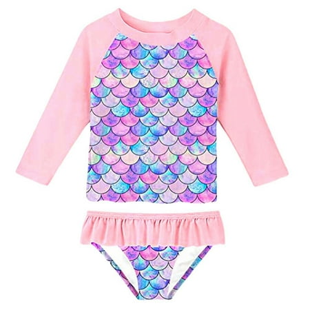 

Bullpiano Toddler Girls Rashguard Two Pieces Swimsuit Set Long Sleeve Bathing Suits Swimwear 2-8T