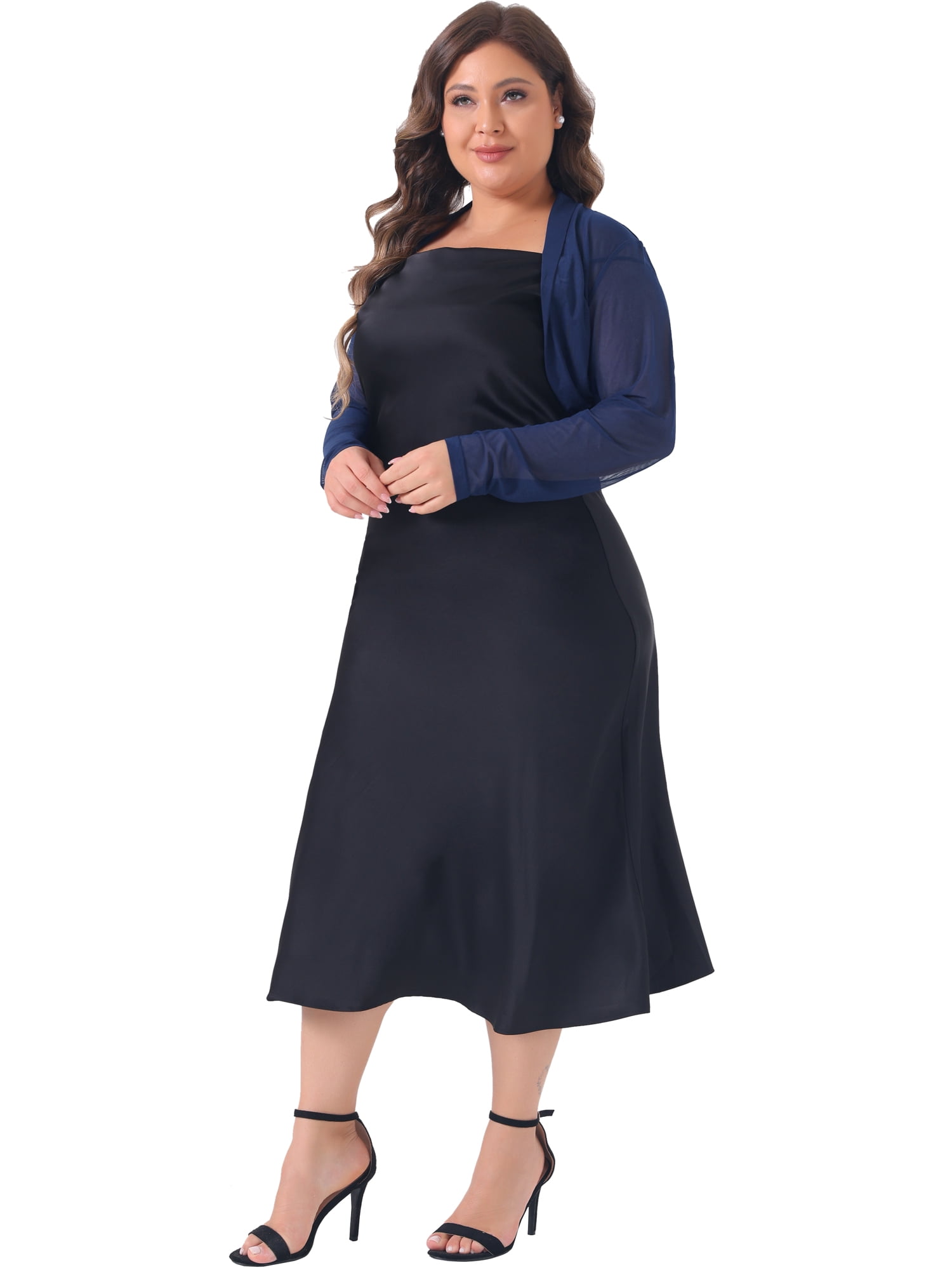 DARING DIVA Women's Plus Size Mesh Crop Long Sleeve Sheer Bolero Shrug Top 4X Navy Blue