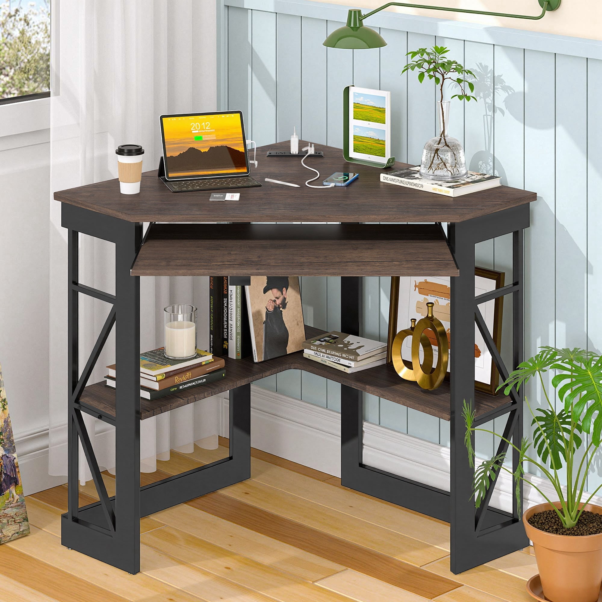 VECELO Corner Computer Desk with Keyboard Tray and Storage Shelf, Student Study Writting Table Workstation for College Dorm Apartment Home Office, Dark Brwon (90 Degrees)
