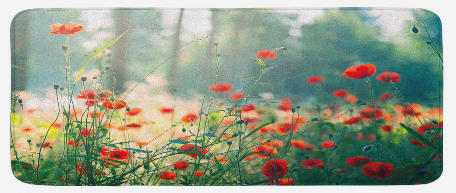 Nature Kitchen Mat, Wild Red Poppy Flowers Field Summertime Sunbeams