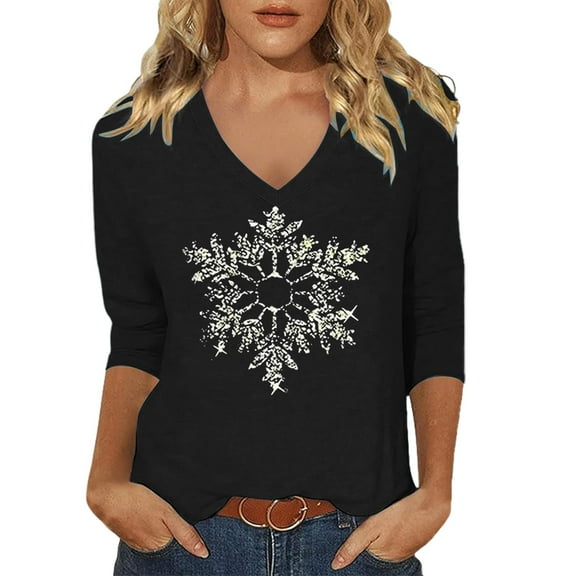 Women Tees Shirts Tops 3/4 Sleeve V Neck Snowflake Print Tunic Blouse 2025 Fall Outfits