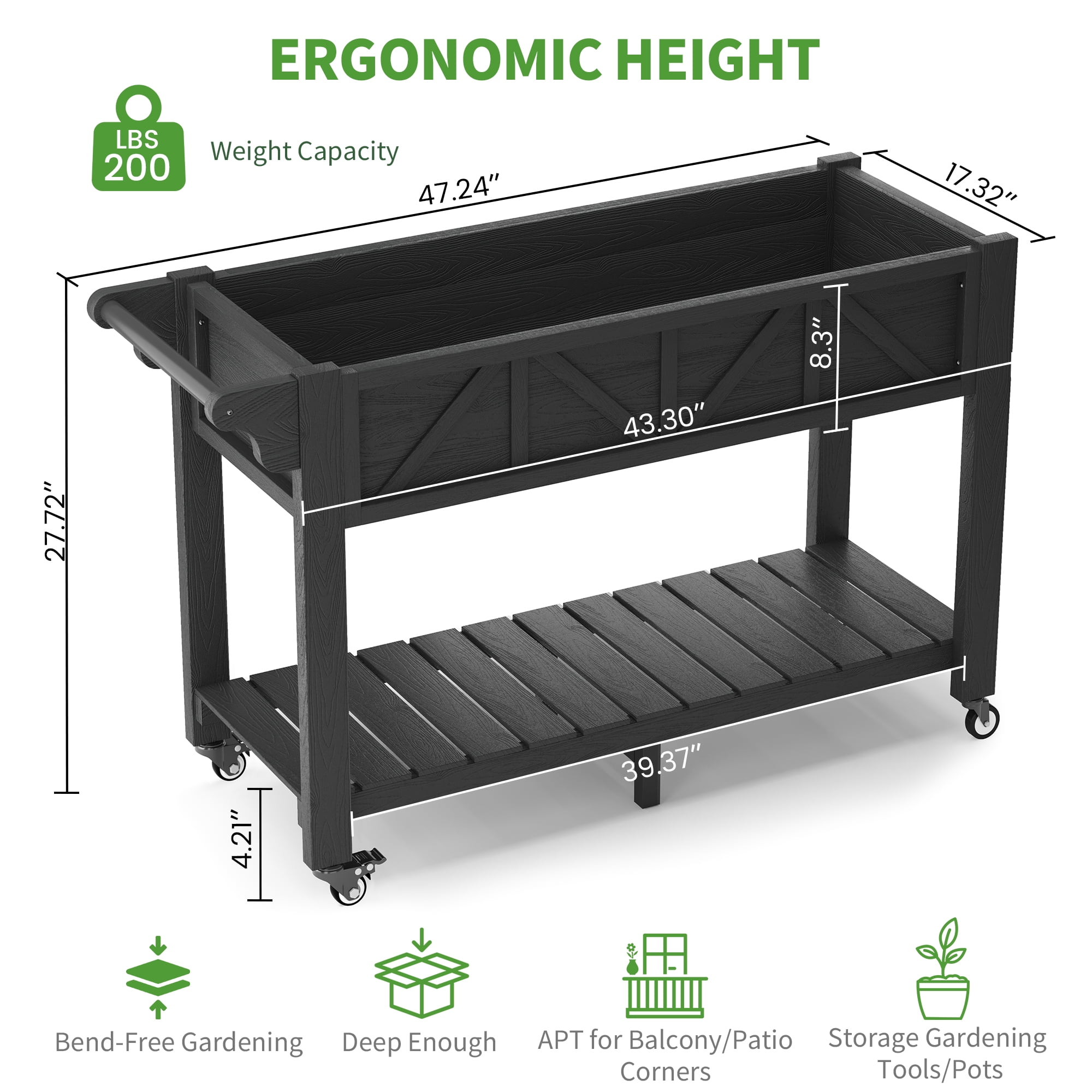 AwayHome 47.2"L x 17.3"W x 27.7"H 2-Tier Black Outdoor Elevated Raised Garden Bed with Wheels&Handle