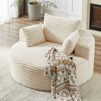 Aukfa 55" Oversized Round Chaise Lounge Chair Indoor, Corduroy Upholstered Sleeper Chair with Deep Seat & Pillows, Beige