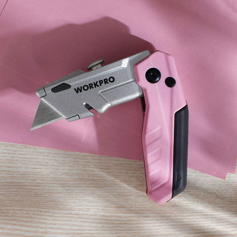 WORKPRO Folding Utility Knife, Quick-Change Pink Box Cutter with Blade  Storage Compartment Hidden in Lightweight Aluminum Die-cast Handle, 12  Extra Blades Included - Pink Ribbon 