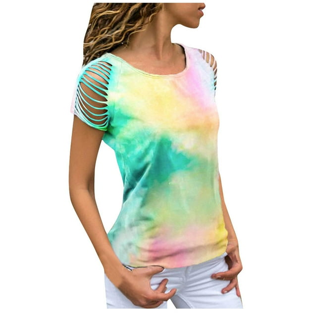 B91xZ Été Hauts pour les Femmes 2024 Manches Courtes Col Rond Solide T-Shirt, Vert XXXXXL