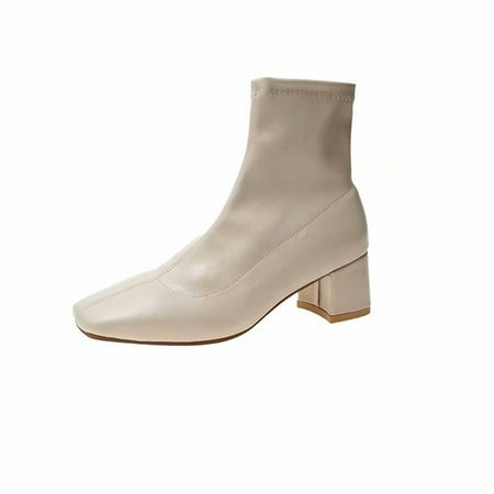 

Women s Flat Boot Heeled Ankle Shoes PU High Top Boots Fashionable Square Heels