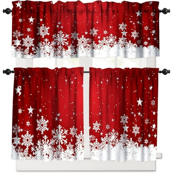 Christmas Kitchen Curtains and Valances Set Red Floral Snowflake Decoration Kitchen Window Curtains Tier and Valance Curtain Set for Bedroom Living Room 54x18 & 27x24x2, 3 Panel
