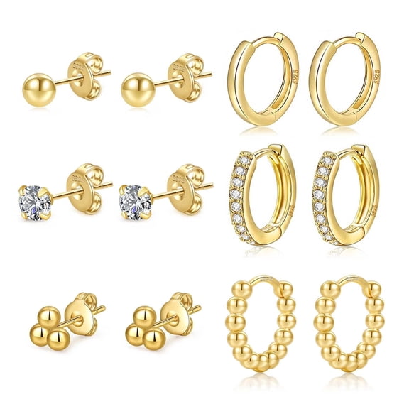 VEEDOFA 6 Pairs Small Gold Huggie Hoop Earrings for Women, 14K Gold Plated Hypoallergenic Mini Creole Hoops Set with CZ, Pearl & Twisted Design