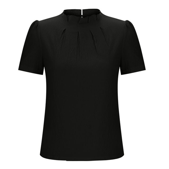 VSSSJ Women's Blouses Ruched Round Neck Short Sleeve Tops Solid Color Ruffle Detail Casual Simple Elegant Summer Shirt Black M