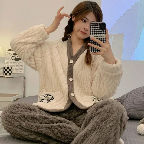 Warm Pajamas for Women Autumn Winter Single Breasted V-Neck Long Sleeve Pyjamas Set Nightgown Pijama Suit Female Purple Homewear