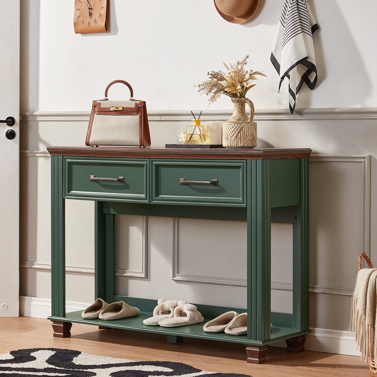 Buildhom 46" Farmhouse Console Table with 2 Drawers, Rustic Wood Sofa Table Behind Couch, Entryway Table with Open Shelf for Living Room, Green