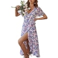 thumbnail image 3 of VISgogo Vestido sin mangas para mujer con cinturón ajustable, estampado floral, decoración de volantes, ropa de verano dividida VISgogo moda, 3 of 9