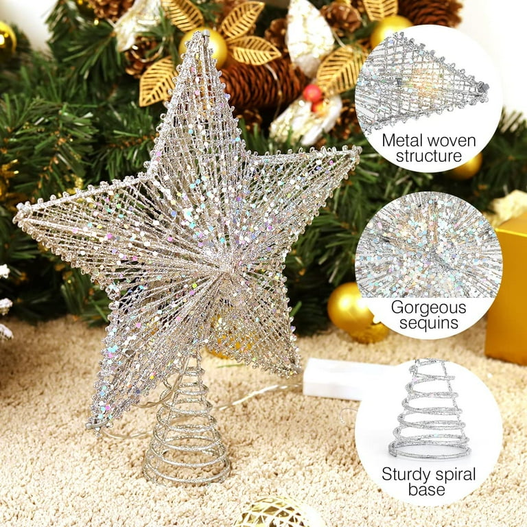 Christmas Tree Topper, PHITRIC 10 Inches Double Layered Silver Snow Lighted  Tree Topper, 8 Points 30 LED Lights Silver Glitter Powder Christmas Tree