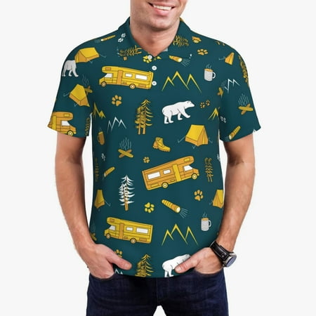 Gaeub Camping Print Men s Polo Shirts Short Sleeve Golf Performance Shirts Stretchy Golf Shirts Casual Summer Beach Shirts-3X-Large