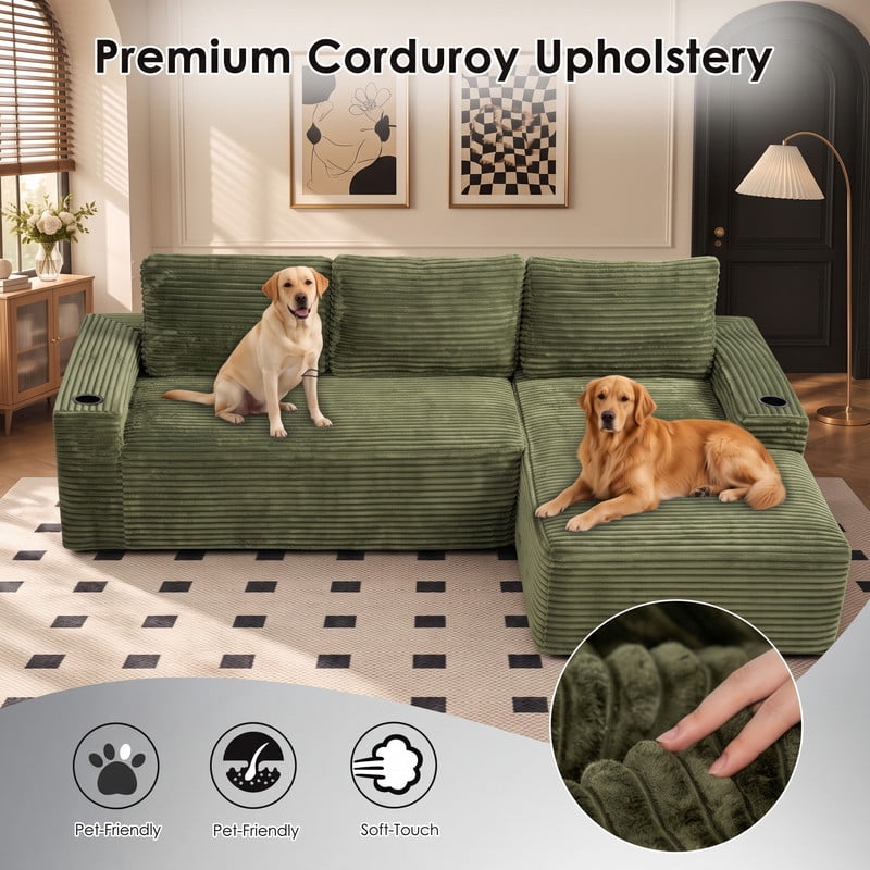 Anpport 104" Boneless Cloud Modular Sectional Couch, Corduroy Sofa with Cup Holders, Side Pockets, Deep Seat, No Assembly Required for Living Room, Green (R‑Shaped, Right Facing Chaise)