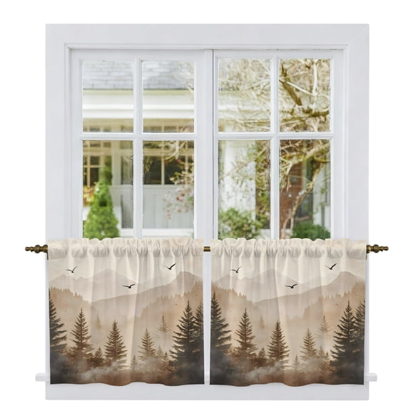 Black Forest Tier Curtains, Silhouettes Foggy Grey Pine Tree Cabin Birds Light Filtering Kitchen Curtains, 2Pcs Rod Pocket Half Window Treatments Panels for Sink Cafe Cabinet Camper 27.5x24 Inches