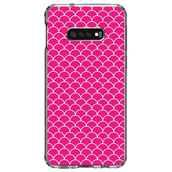 DistinctInk Clear Shockproof Hybrid Case for Samsung Galaxy S10e (5.8" Screen) - TPU Bumper, Acrylic Back, Tempered Glass Screen Protector - Hot Pink White Scalloped Pattern