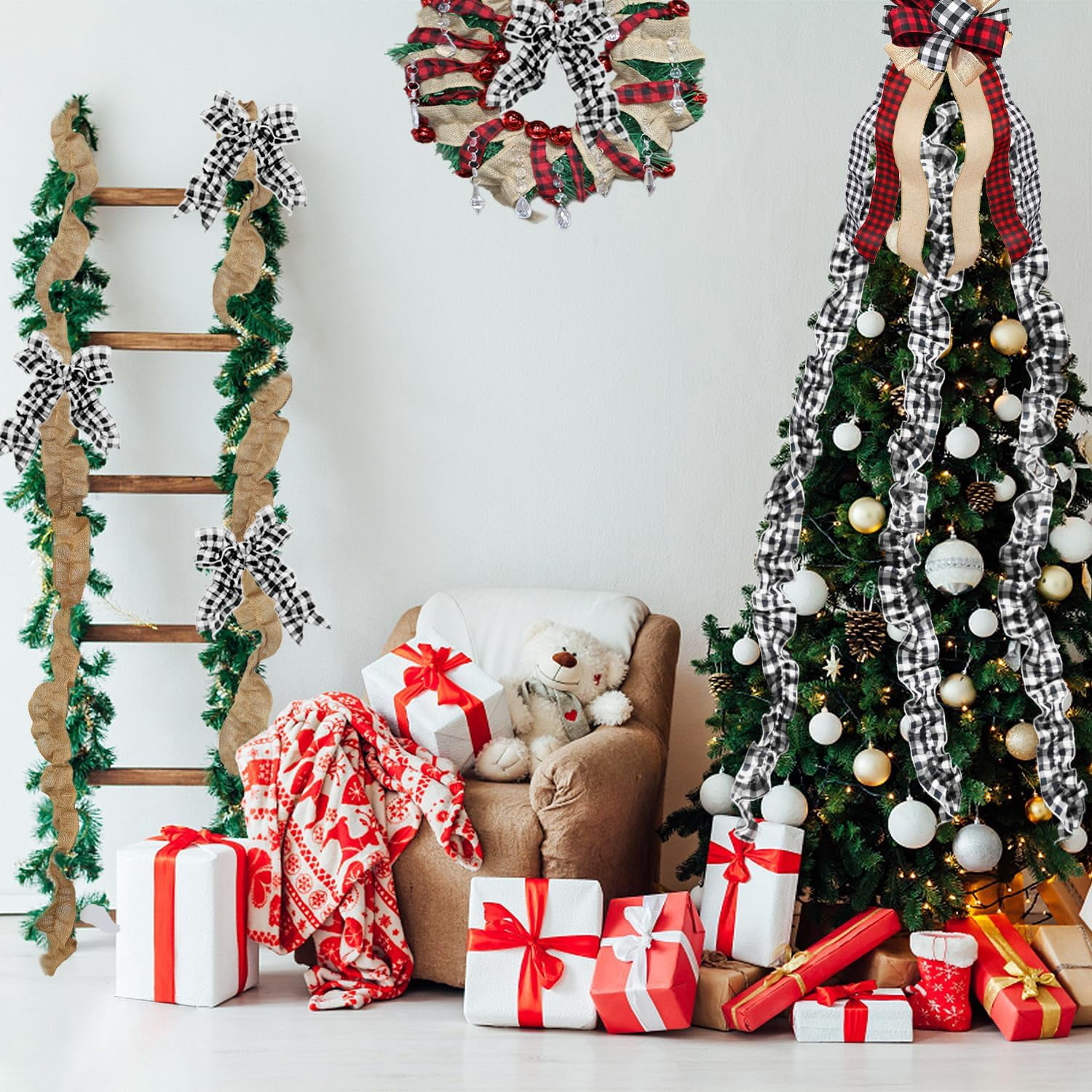 Dalrosia 6PCS Plaid Christmas Tree Garland Christmas Buffalo Plaid Ribbon Ruffled Homespun Fabric Garland Christmas Tree Ribbon Decorations for Christmas Home Wreath Staircase Tree Decor