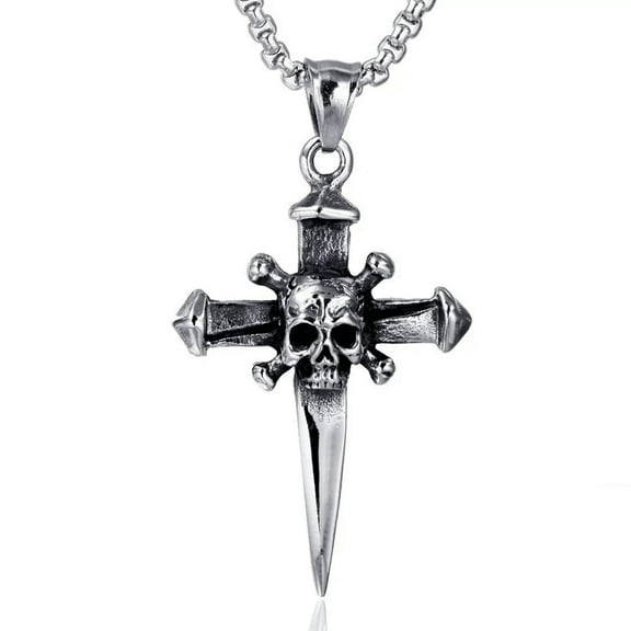 K-KED Retro Mens Stainless Steel Gothic Biker Skull Cross Pendant Necklace