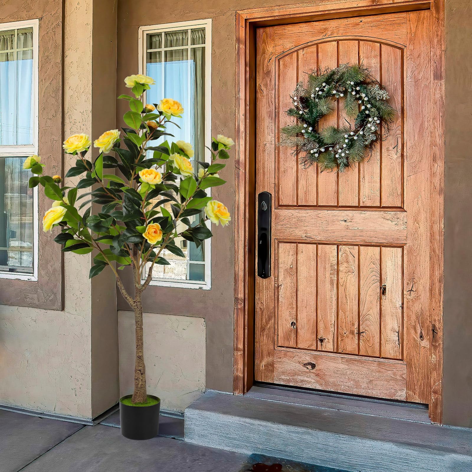 2 Pack 4FT Artificial Camellia Flowers Tree, Yellow Fake Camellia Plant Potted with Faux Greenery Leaves, Realistic Blooming Faux Floral Tree for Indoor Outdoor Home Decor, Yard Patio Office Porch