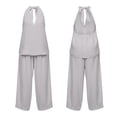 thumbnail image 2 of Cutuoiiu Women's Casual Solid Color Two Piece Outfit, Sleeveless V Neck Halter Top and High Waist Wide Leg Pockets Pants for Summer Vacation, 2 of 8