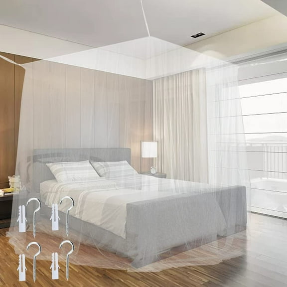 BUZIFU Mosquito Net 4 Corner Post Bed Canopy Bed Mosquito Netting Mesh Canopy Bedding Net Large Tent Hanging Mosquito Mesh Net Bedroom Canopy Curtains with Hooks for Single to King Size Double Beds