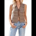 thumbnail image 3 of Suéter de Punto A Crochet para Mujer, Sin Mangas, con Cuello en V y Lazo Frontal, A Rayas, Estilo , para Verano 2025 Marrón S, 3 of 9