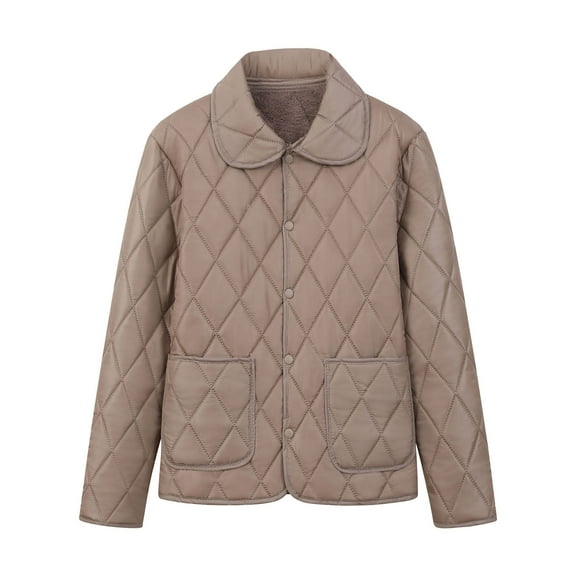 hoksml Womens Fall Winter Fleece Lining Quilted Jacket Long Sleeve Solid Turndown Collar Coat Warm Outerwear with Pockets