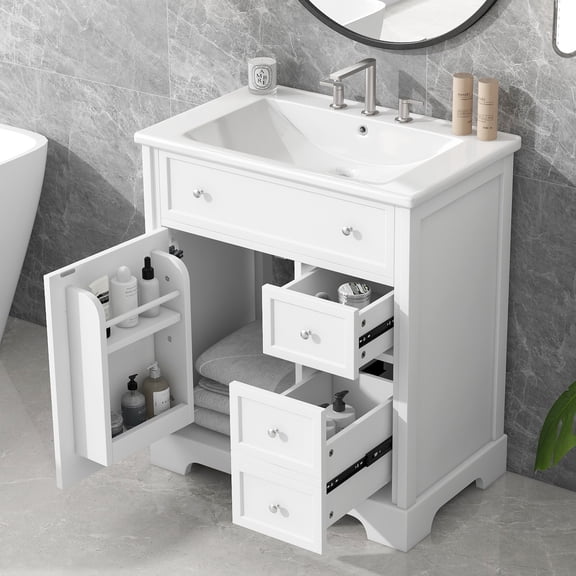 Bathroom Vanity with Sink Top, 30" Bathroom Vanity Cabinet with Door and Two Drawers, Solid Wood, White