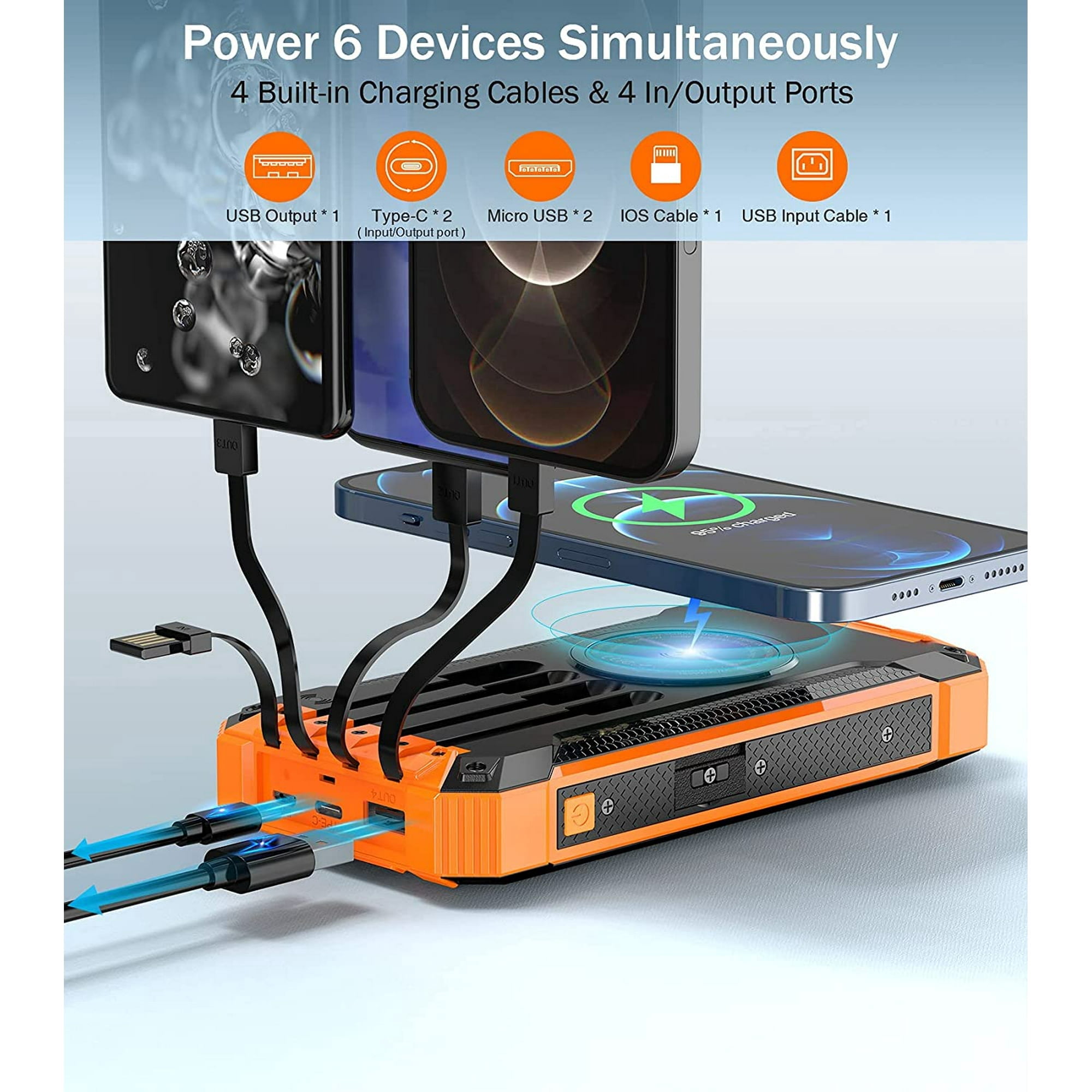 36000mAh Solar Power Bank 15W Fast Charging with Cables & Wireless Charger, Solar Charger Compatible for iPhone & Android Phone