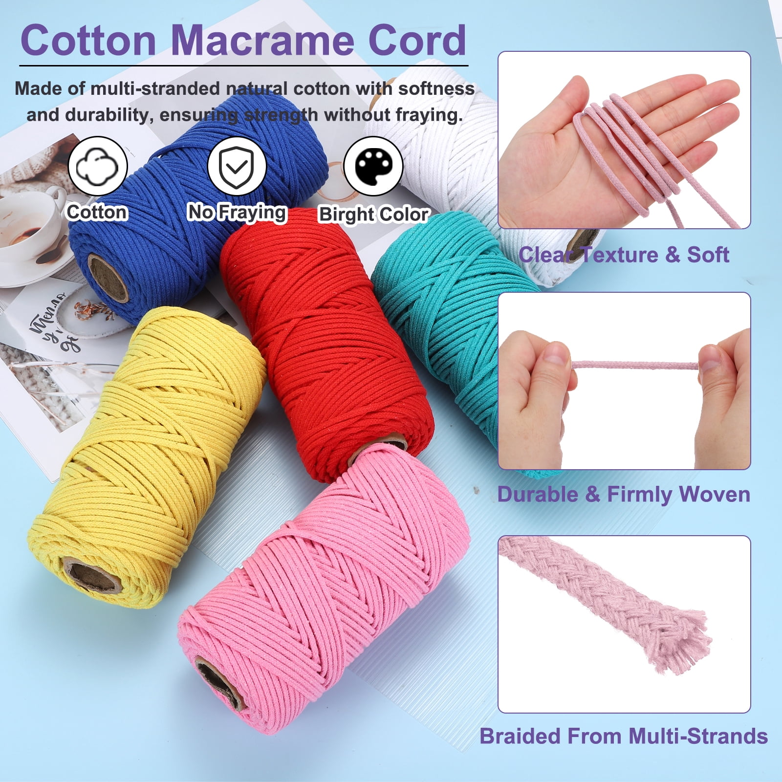 Braided Macrame Cord, 4mm x 109 Yards Natural Cotton Rope Macrame Yarn Bohemia Craft String with Scissors(Light Purple)