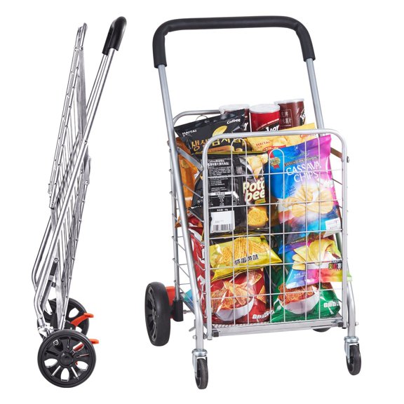 STAWAY Folding Shopping Cart - Lightweight Utility Cart with 110 lbs Capacity, 360° Swivel Wheels, Collapsible Design for Groceries, Laundry & Travel, Silver