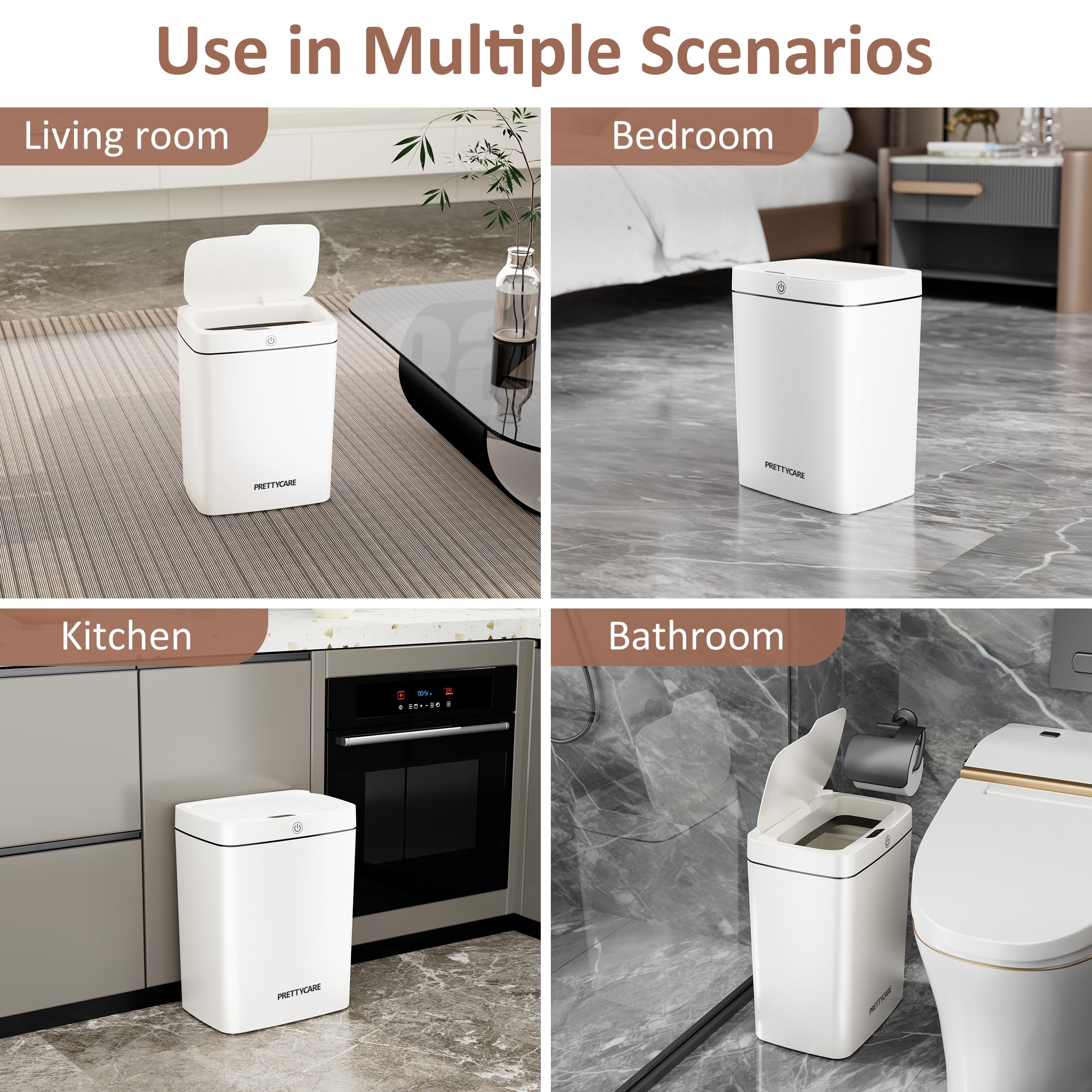 PrettyCare 2 Packs Trash Cans, 4.6 Gal Automatic With Lid Touchless Small Plastic Garbage Can, for Kitchen,Living Room,Bedroom, Bathroom, White, GW01