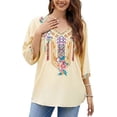 thumbnail image 3 of Higustar Womens Tops Summer Embroidered Blouses Dressy Casual Ladies Plus Size V Neck 3/4 Sleeve Peasant Mexican Tops - Cotton Rayon-328/H-Light Yellow-XL, 3 of 9