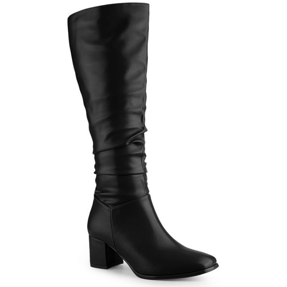 Unique Bargains Slouchy Square Toe Chunky Heel Knee High Boots for Women Black (Size 9)