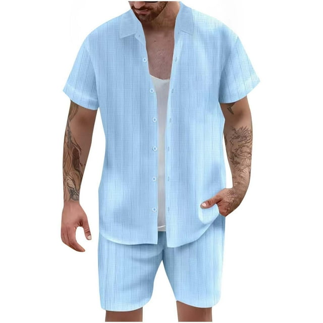NTACZA Short Sleeve 2 Pieces Mens Casual Button Down Tracksuits Lapel Men's Beach Sweatsuits L