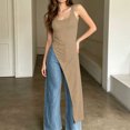 thumbnail image 4 of Women's Crew Neck Sleeveless Long Tank Top Solid Color Asymmetric Slit Hem Slim Fit Casual Summer Cami Vest Khaki, 4 of 7