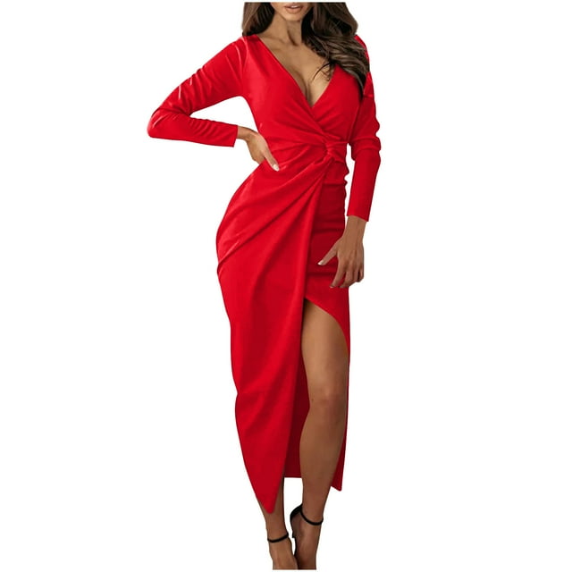 Lovzfmll Women's Summer Dress Solid Color Long Sleeve Dress Red, S