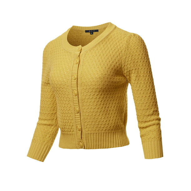 A2Y Women's Solid Cropped 3/4 Sleeve Button Down Crew Neck Knit Cardigan  Sweater Honey 2XL - Walmart.com