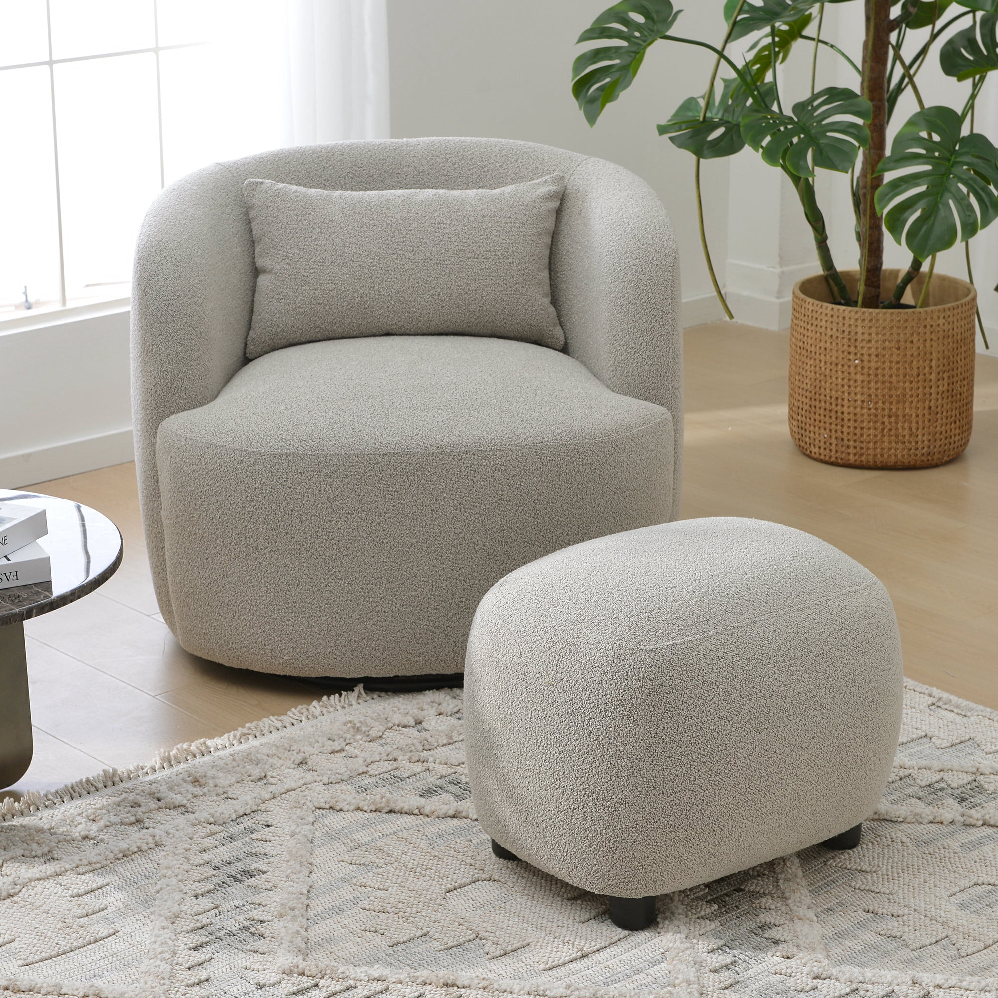 Round Boucle Upholstered Ottoman Chair, Footstool with Soft Padded Seat, Fully Assembled Modern Sofa Couch Footrest, Extra Seating for Bedroom Entryway, Taupe(18.5" D x 23" W x 16.5" H)