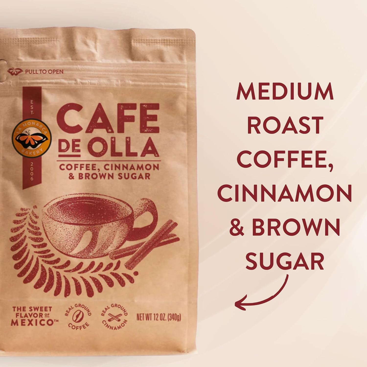 Café De Olla Ground Coffee, 12 Ounce (pack of 2), Cinnamon and Brown Sugar Spiced Mexican Dark Roast Coffee by La Monarca Bakery