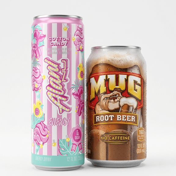 Alani Nu Cotton Candy Energy Drink 12 fl oz & MUG Root Beer Soda Pop 12 fl oz Variety Pack